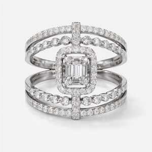 Gabriel & Co. 18K White Gold Baguette and Round Diamond Wide Three Row Ring Sz 6